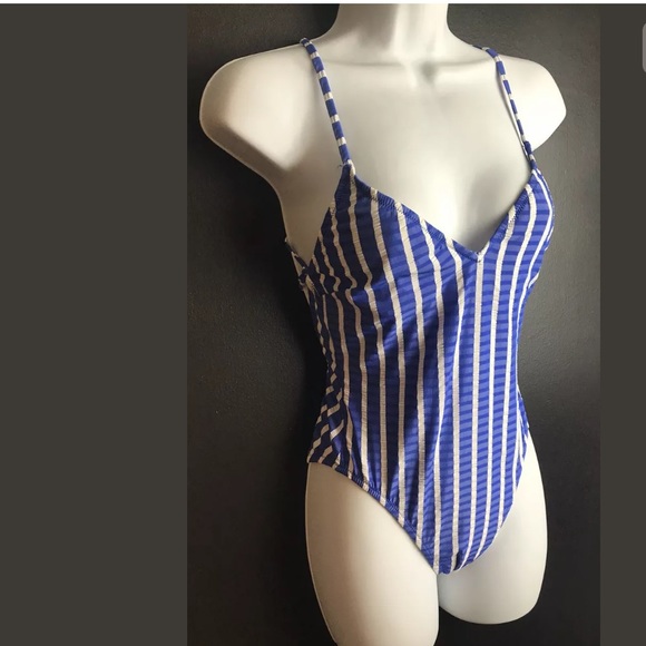J.CREW Lace-Up Back Swimsuit Cobalt Blue White Striped VNeck Nautical Classic - Picture 4 of 12
